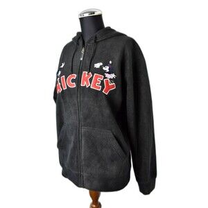 Disney Mickey Minnie Mouse Black Plush Embroidered Zip Front Hoodie - Women's S